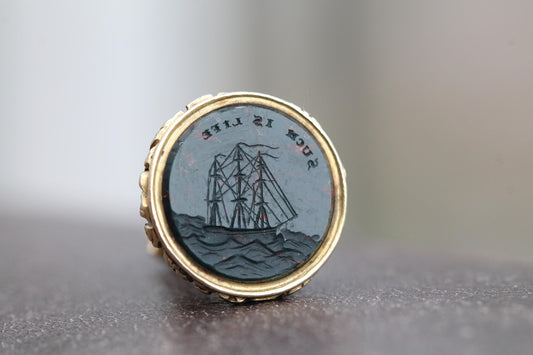 Antique 15ct Gold Seal, Bloodstone Intaglio with Ship & Motto “Such Is Life”, Victorian Sentimental Jewel c.1880