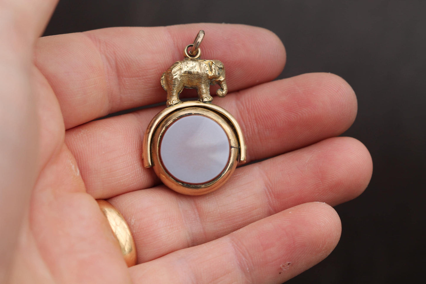 Antique Victorian 9ct Rolled Gold Spinner Pendant, Compass & Sardonyx with Elephant Motif c.1900s