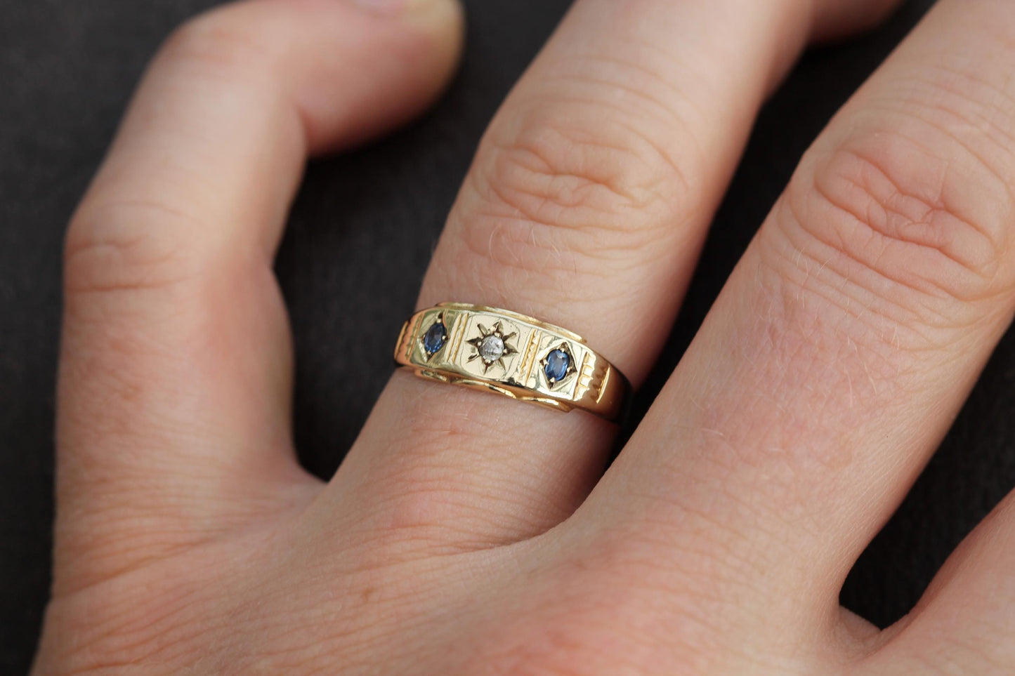 Antique 15ct Gold Diamond Sapphire Gypsy Ring, 1896