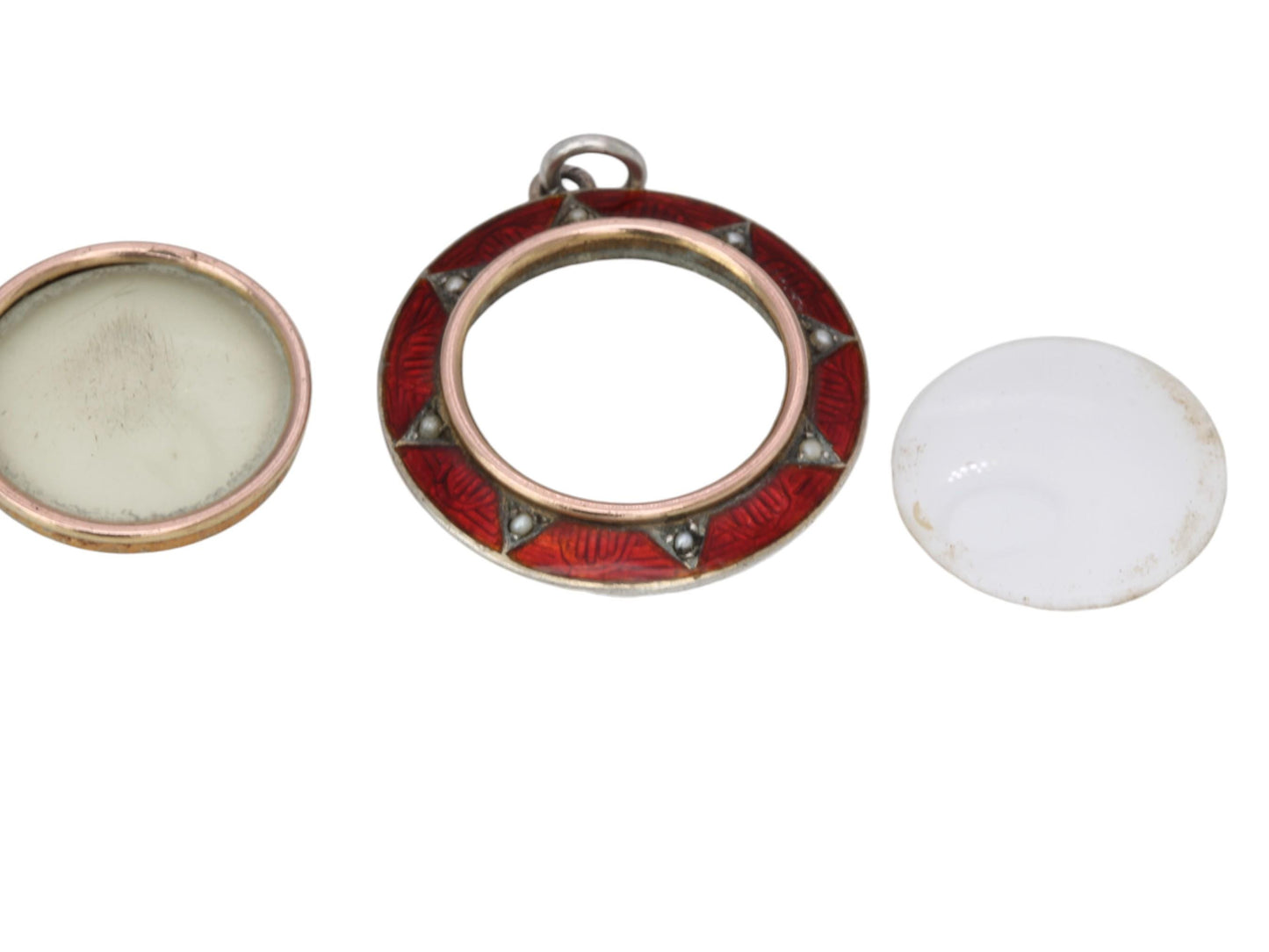 Antique Sterling Silver Red Enamel Pearl Locket Pendant, 1903