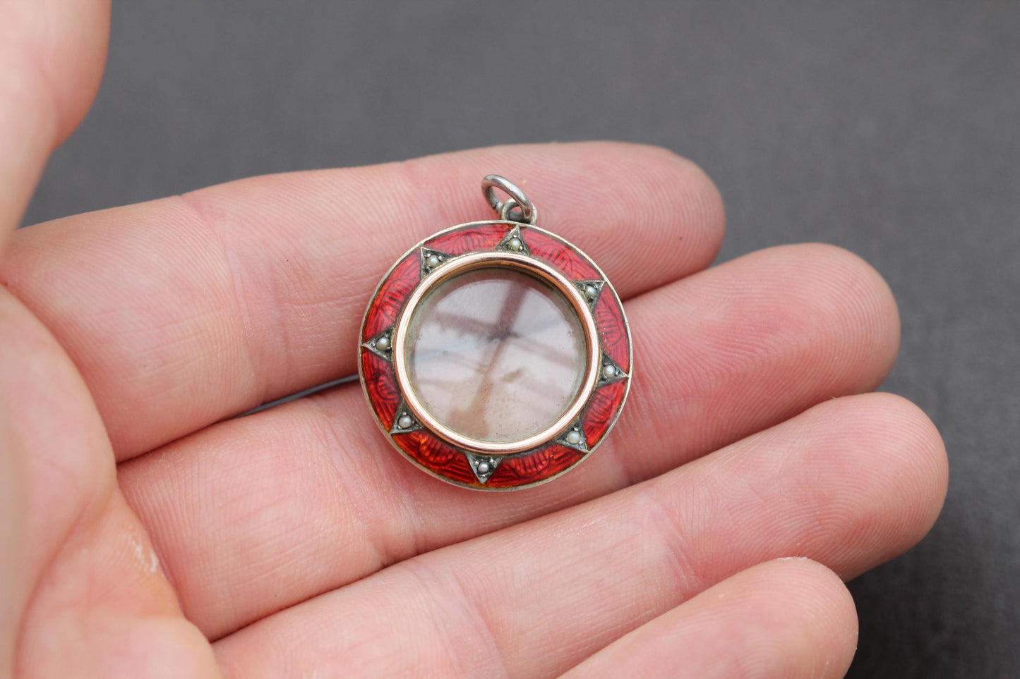 Antique Sterling Silver Red Enamel Pearl Locket Pendant, 1903