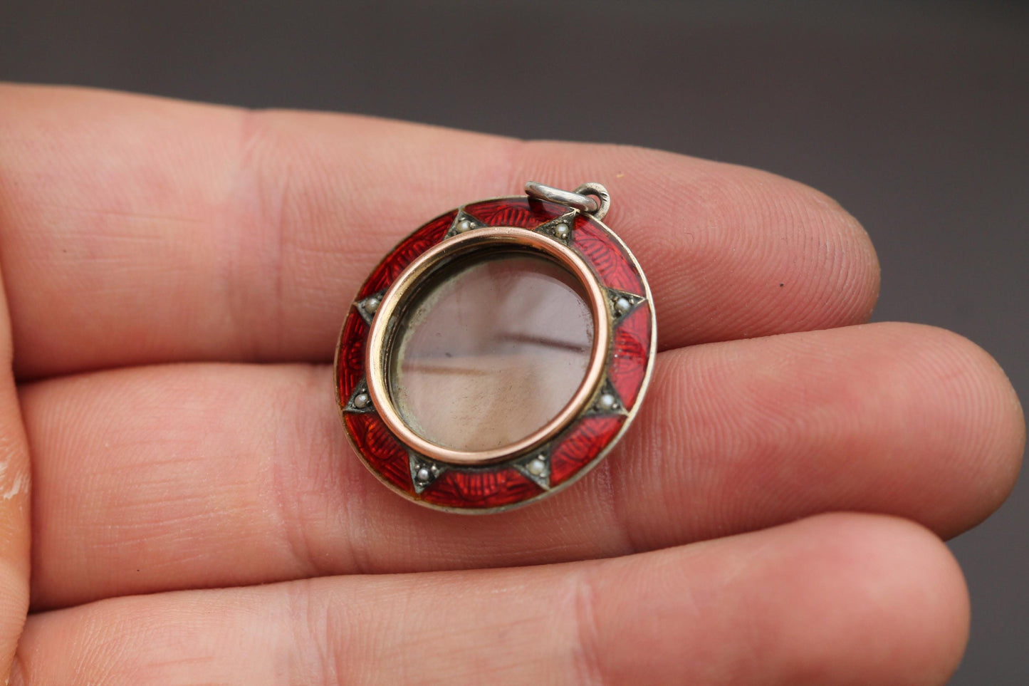 Antique Sterling Silver Red Enamel Pearl Locket Pendant, 1903
