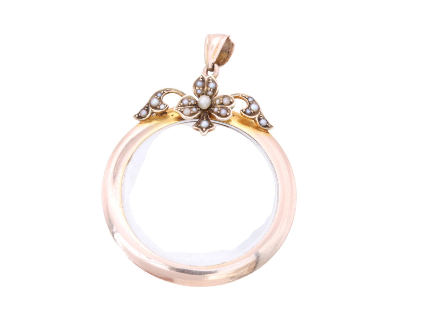 Antique 9ct Rose Gold Pearl Flower Open Glass Locket, Edwardian c.1901