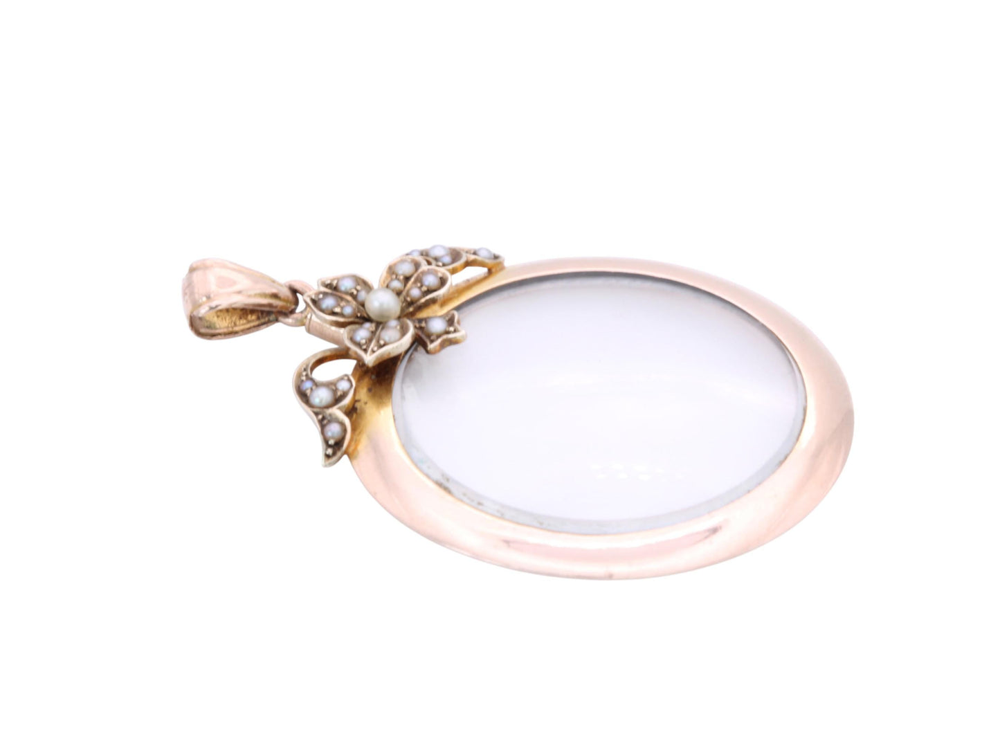 Antique 9ct Rose Gold Pearl Flower Open Glass Locket, Edwardian c.1901