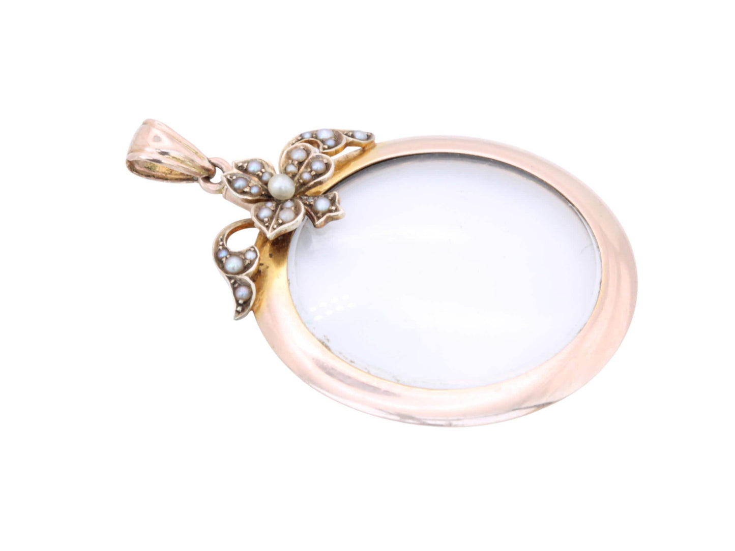 Antique 9ct Rose Gold Pearl Flower Open Glass Locket, Edwardian c.1901