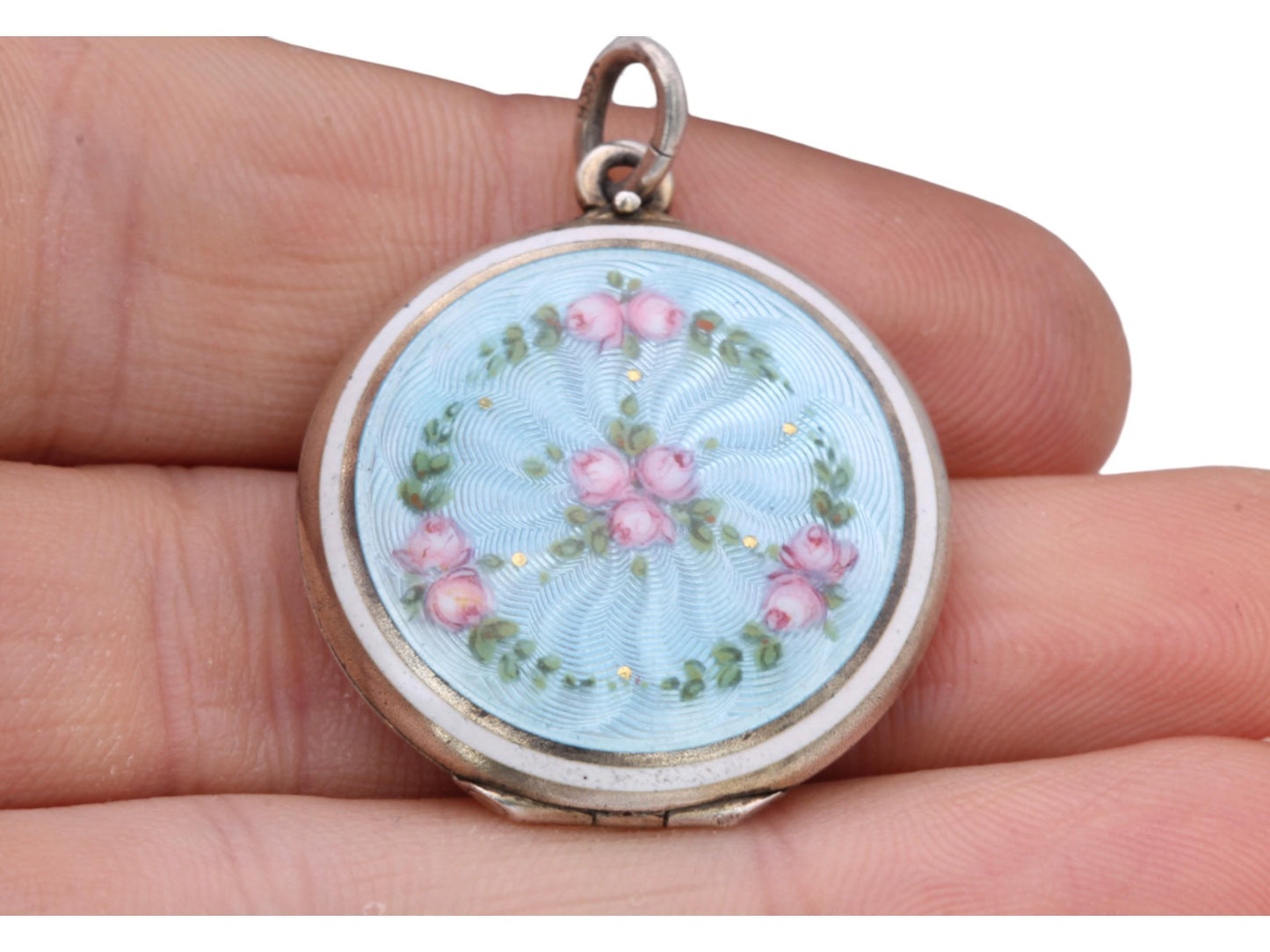 Antique 800 Silver Blue Guilloche Flower Rose Locket