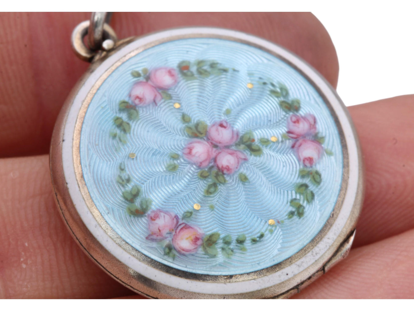 Antique 800 Silver Blue Guilloche Flower Rose Locket