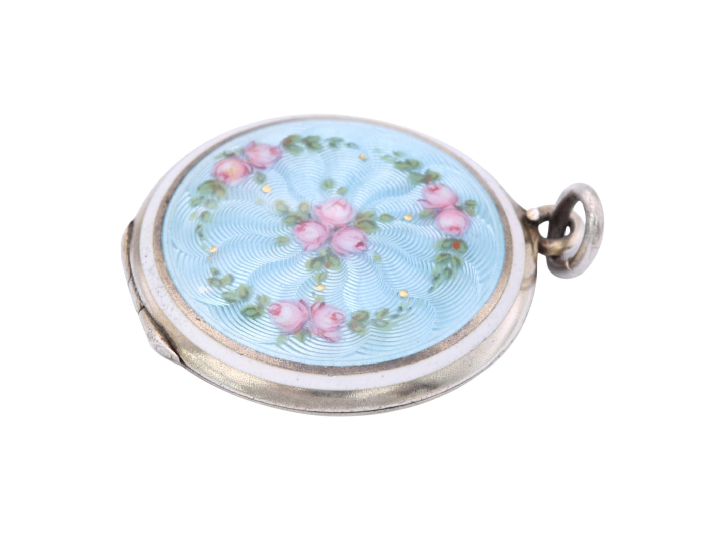 Antique 800 Silver Blue Guilloche Flower Rose Locket