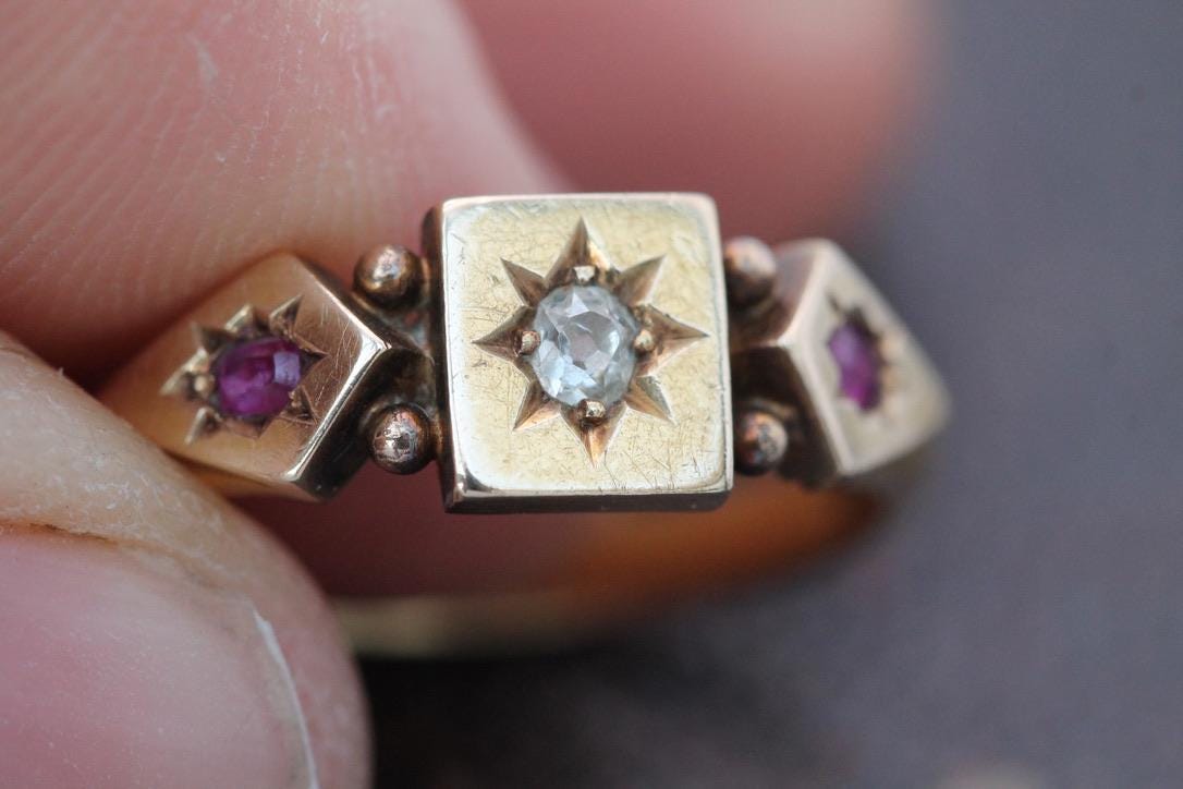 Antique 18ct Gold Diamond Ruby Gypsy Ring, 1891