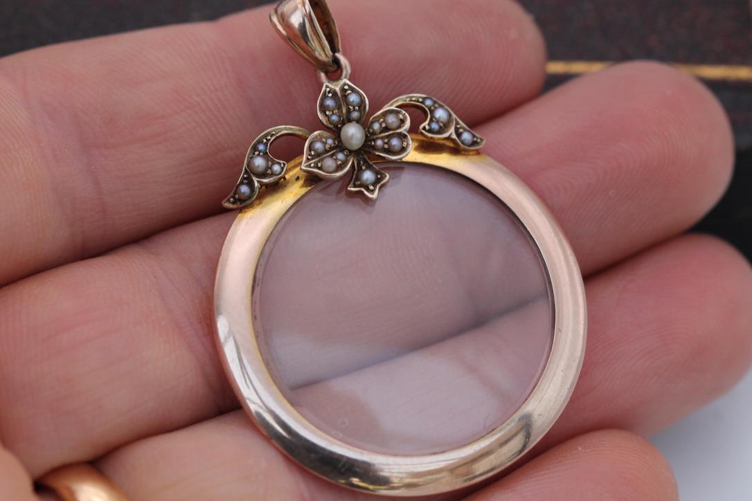 Antique 9ct Rose Gold Pearl Flower Open Glass Locket, Edwardian c.1901