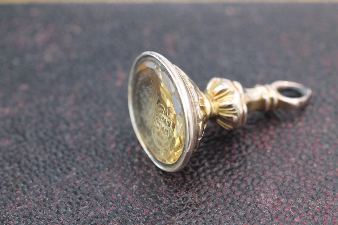 Antique 15ct Gold Citrine Intaglio Ship Crest "Learn to be patient" Seal Pendant