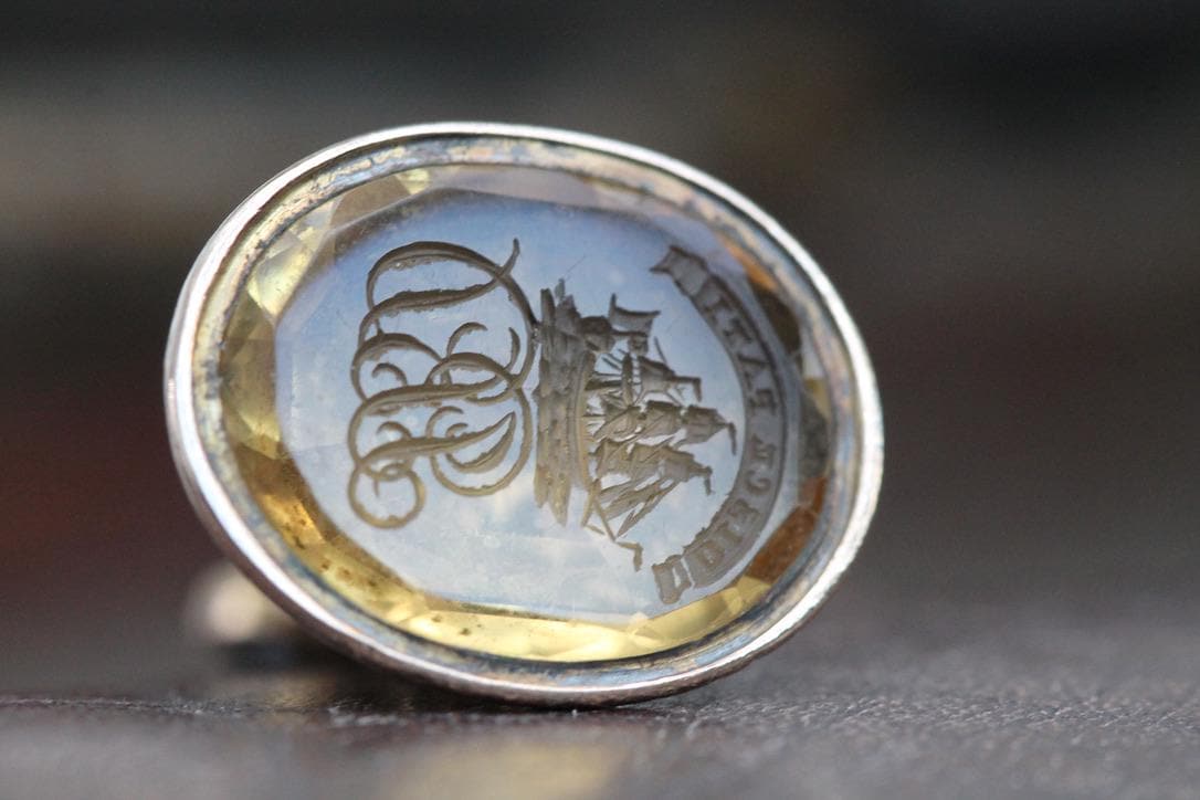 Antique 15ct Gold Citrine Intaglio Ship Crest "Learn to be patient" Seal Pendant