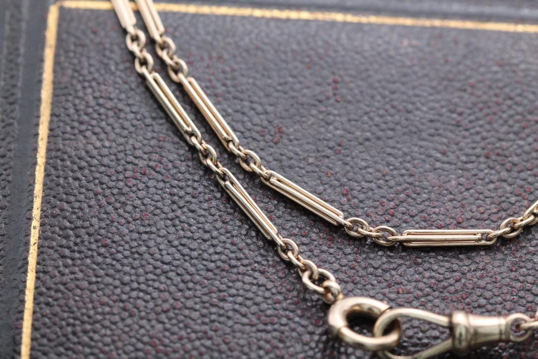 Antique 9ct Yellow Gold Trombone Fetter Link Necklace Chain, 13.25"