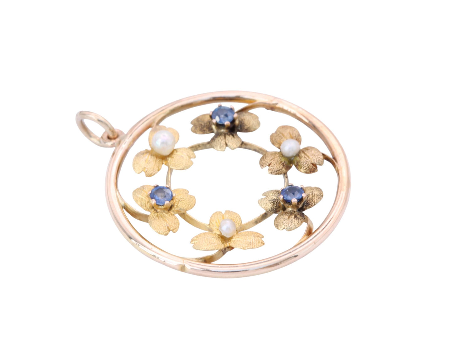 Antique 15ct Gold Pearl Sapphire Flower Pendant