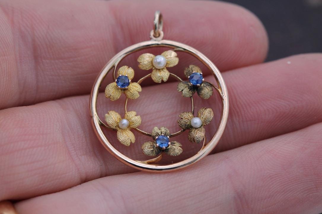 Antique 15ct Gold Pearl Sapphire Flower Pendant