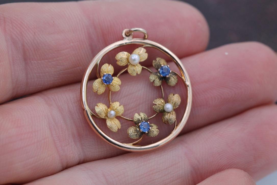 Antique 15ct Gold Pearl Sapphire Flower Pendant