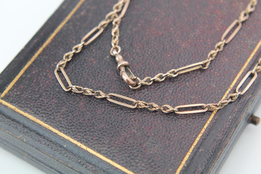Antique-9ct-Gold-Trombone-Lovers-Knot-Necklace-Chain,-15.75"
