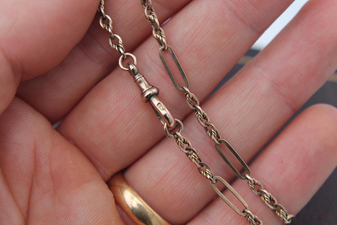 Antique 9ct Gold Trombone Lovers Knot Necklace Chain, 15.75"