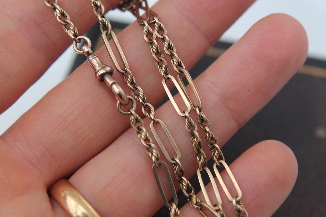 Antique 9ct Gold Trombone Lovers Knot Necklace Chain, 15.75"