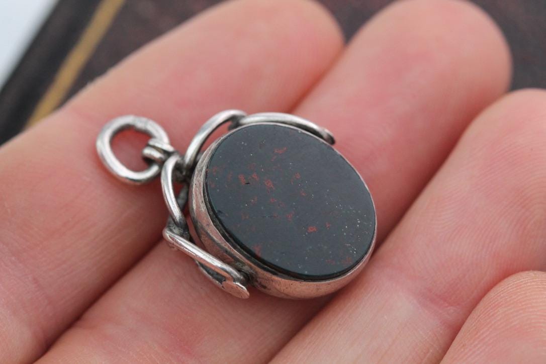 Antique Sterling Silver Bloodstone Spinner Pendant