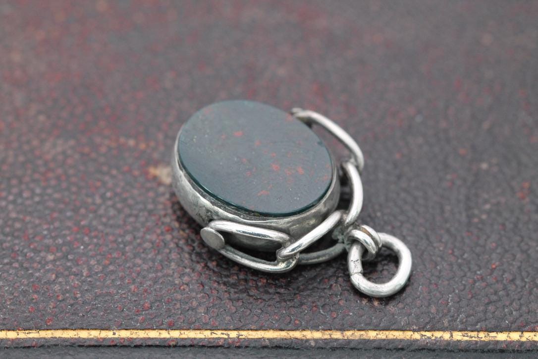 Antique Sterling Silver Bloodstone Spinner Pendant