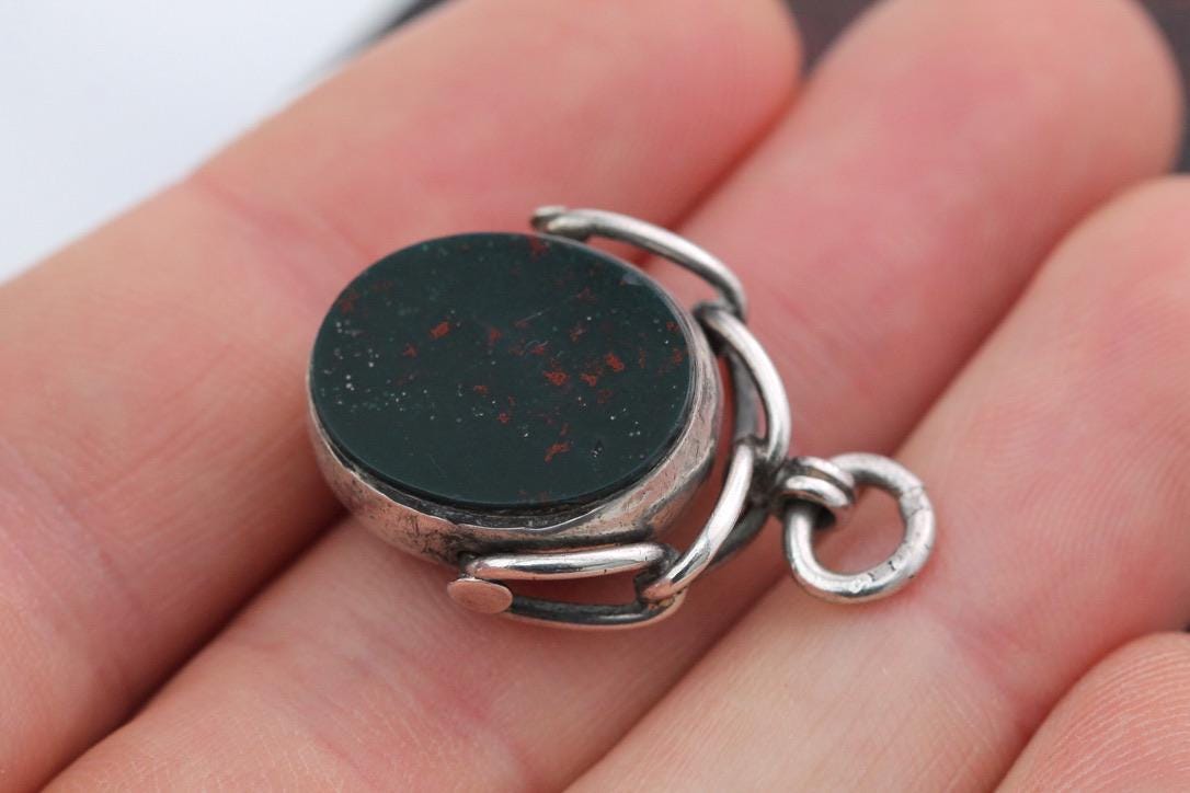 Antique Sterling Silver Bloodstone Spinner Pendant