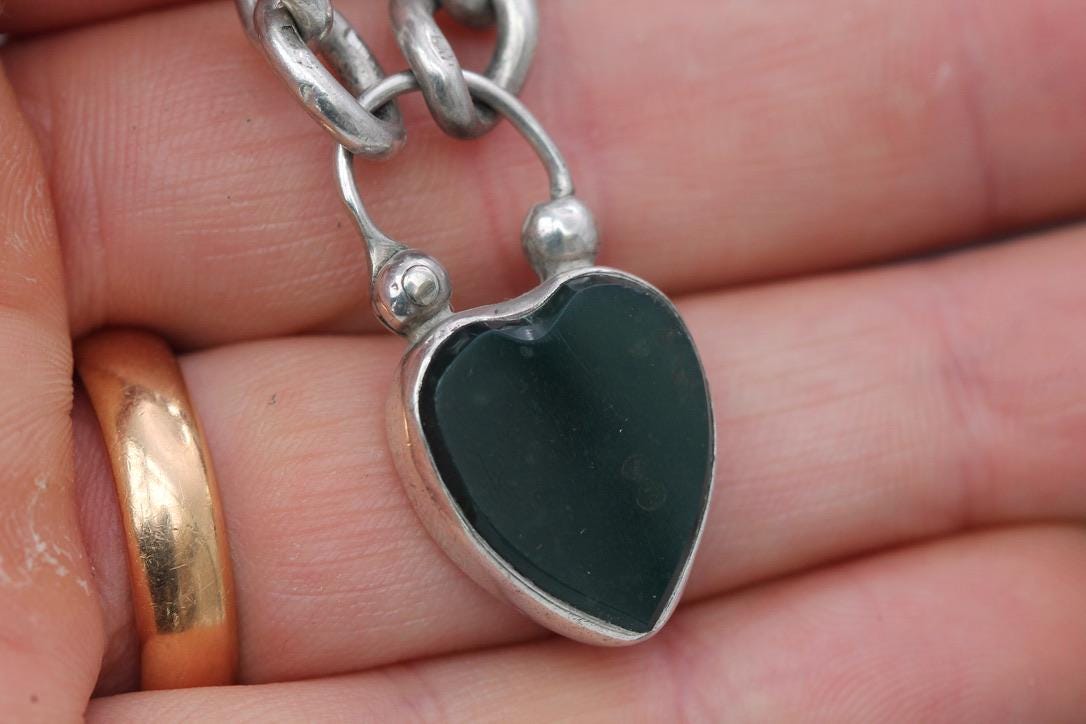 Antique Sterling Silver Bloodstone Heart Padlock Gate Bracelet