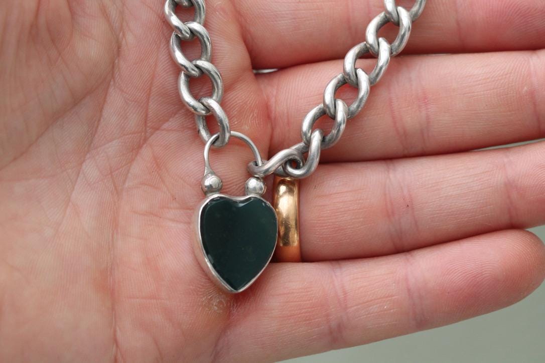 Antique Sterling Silver Bloodstone Heart Padlock Gate Bracelet