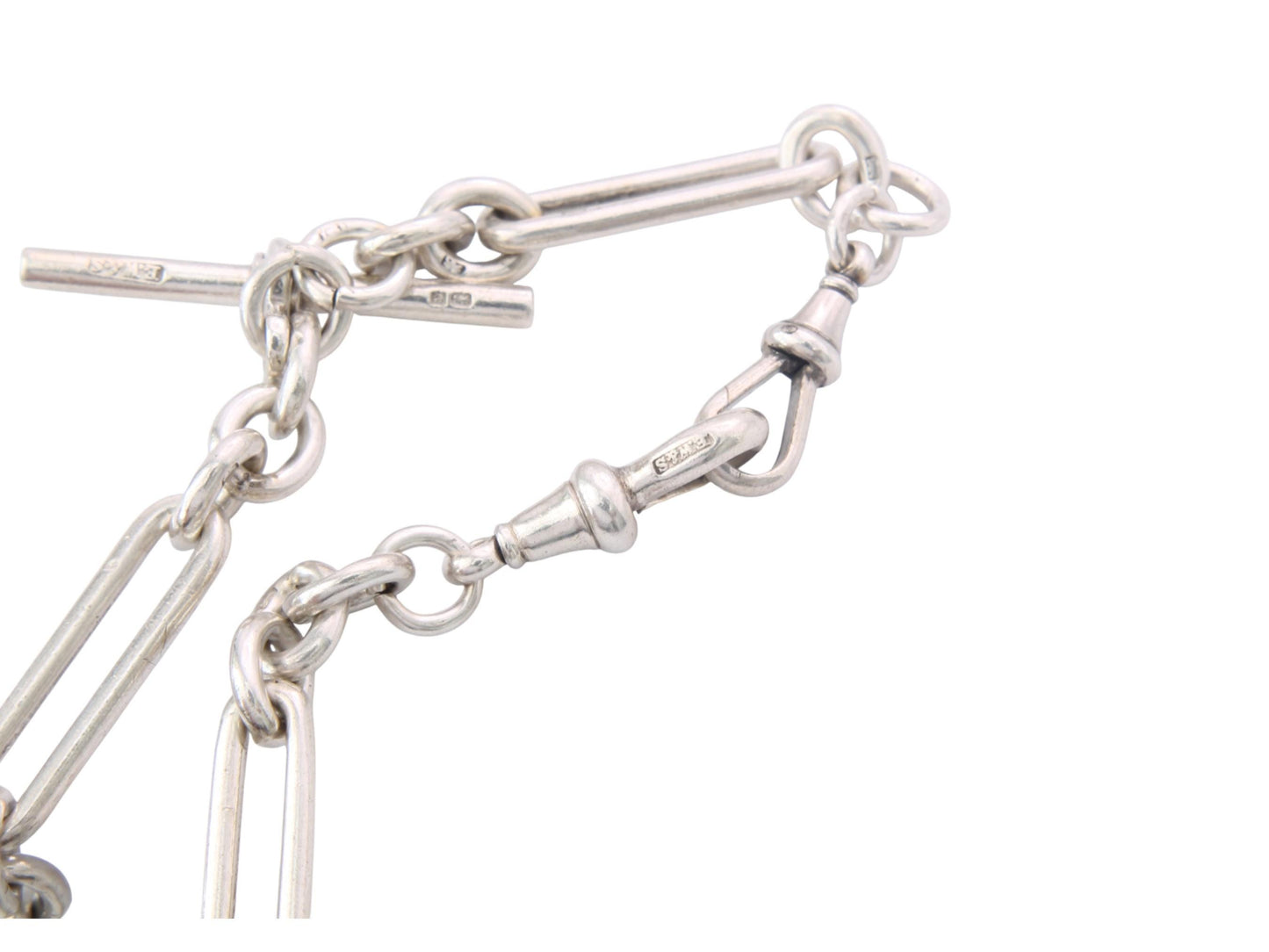 Antique-Sterling-Silver-Trombone-Link-Albert-Chain,-14.25"