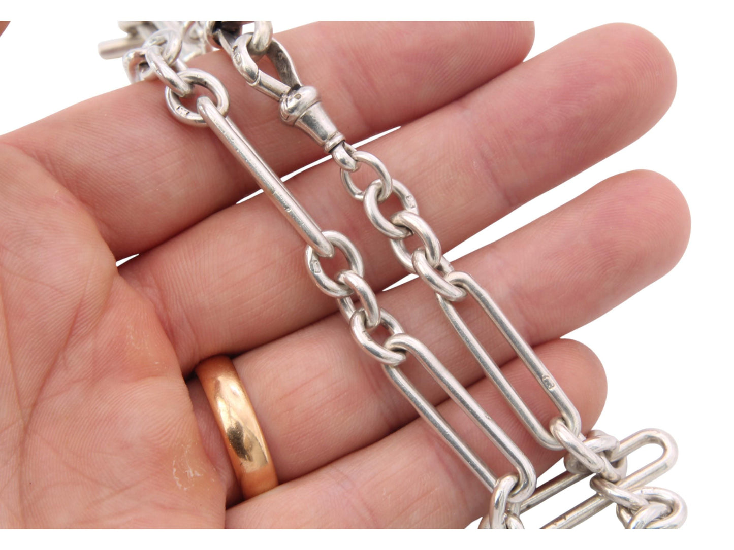 Antique Sterling Silver Trombone Link Albert Chain, 14.25"