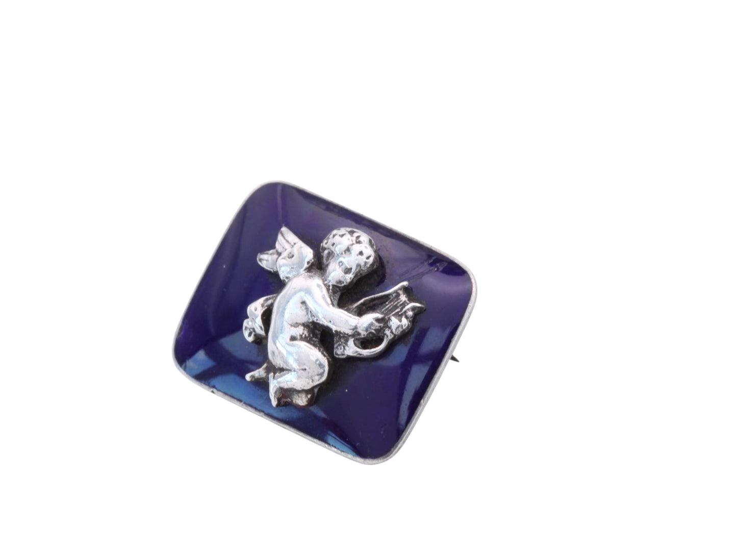 Antique Sterling Silver Blue Enamel Cupid Brooch