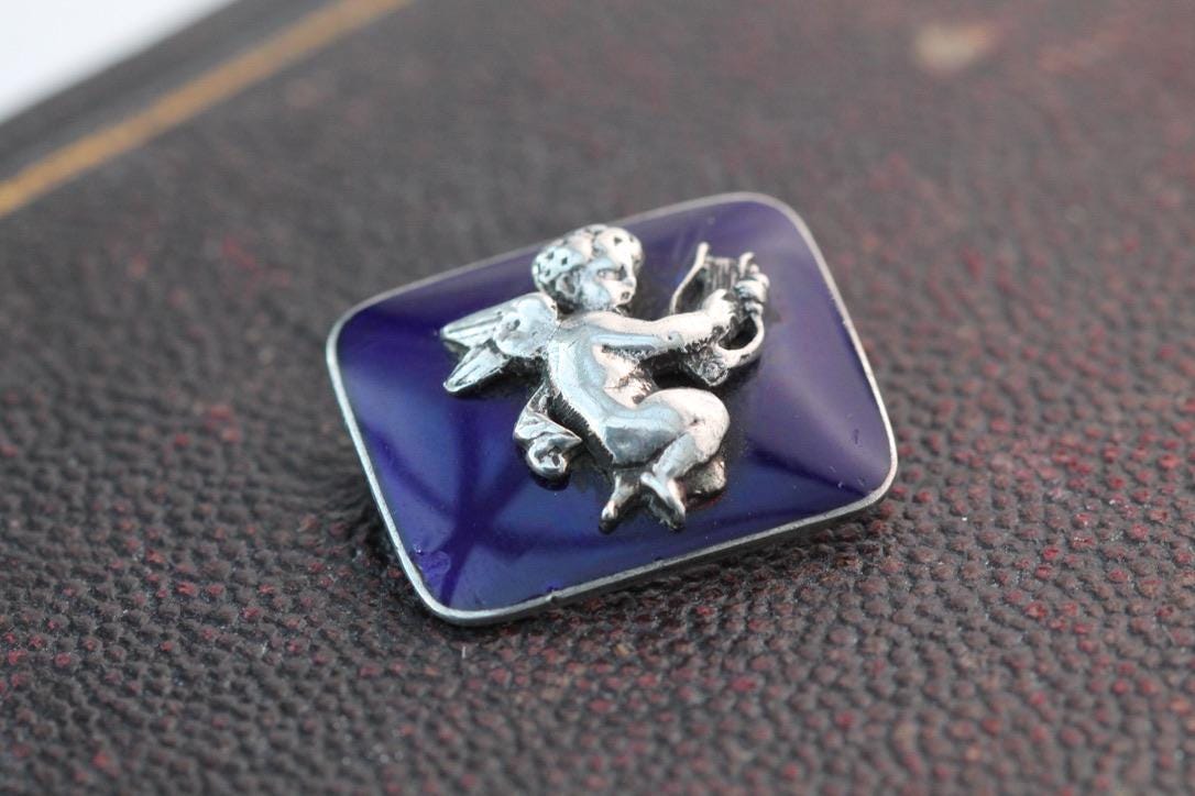 Antique Sterling Silver Blue Enamel Cupid Brooch