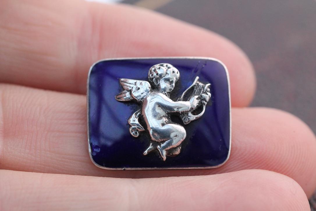 Antique Sterling Silver Blue Enamel Cupid Brooch