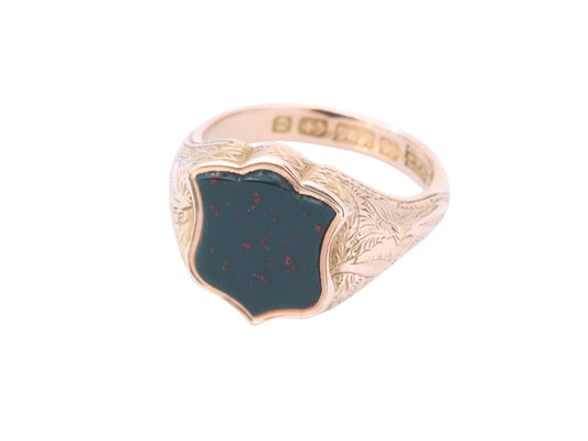 Antique 15ct Gold Bloodstone Shield Signet Ring, 1913