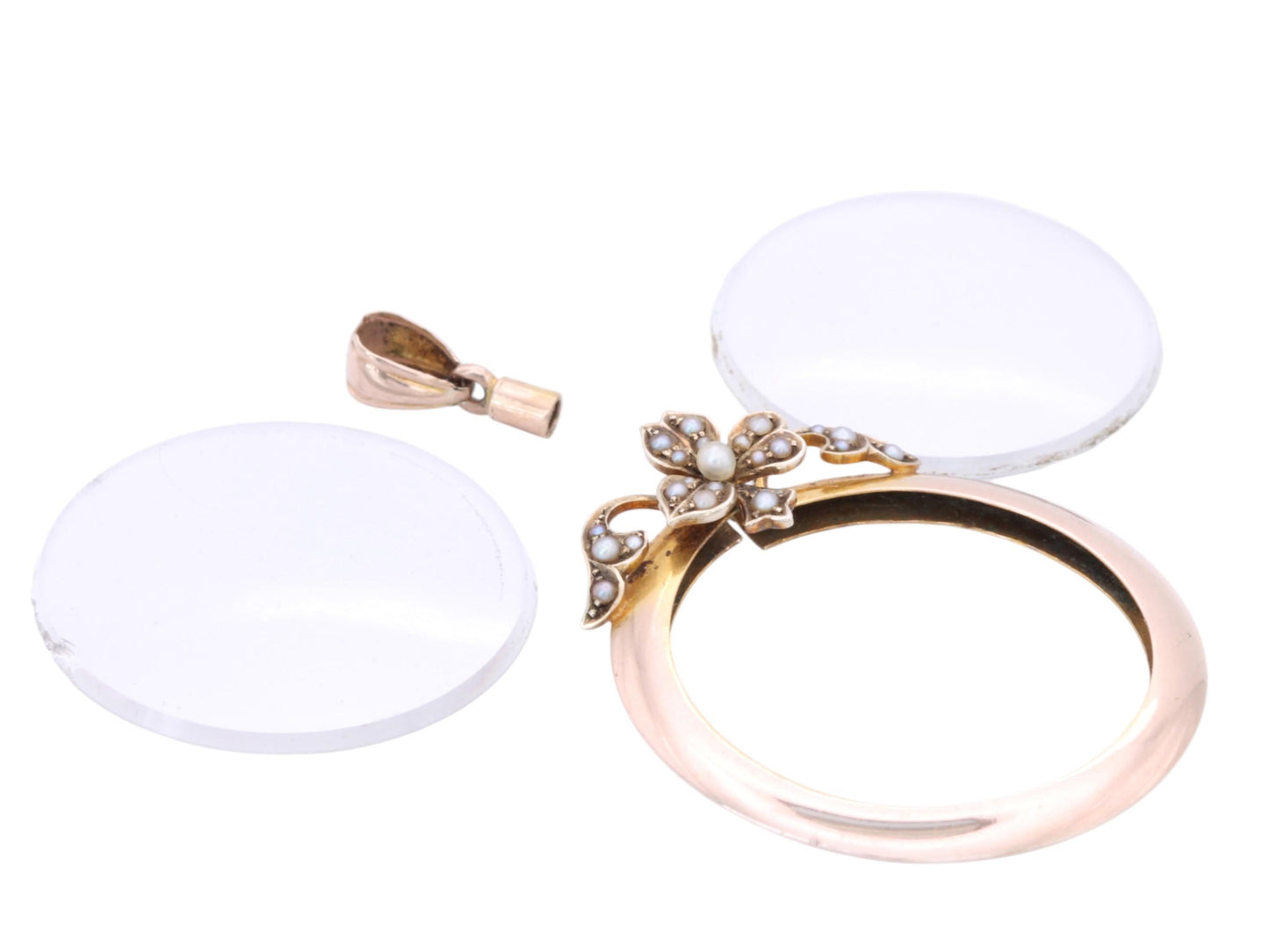 Antique 9ct Rose Gold Pearl Flower Open Glass Locket, Edwardian c.1901