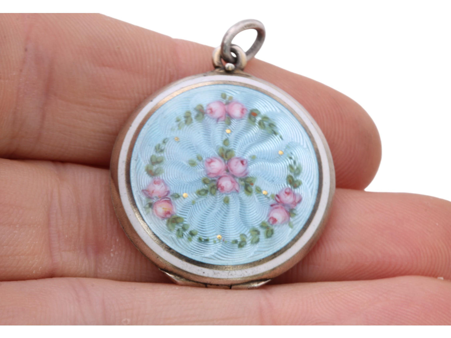 Antique 800 Silver Blue Guilloche Flower Rose Locket