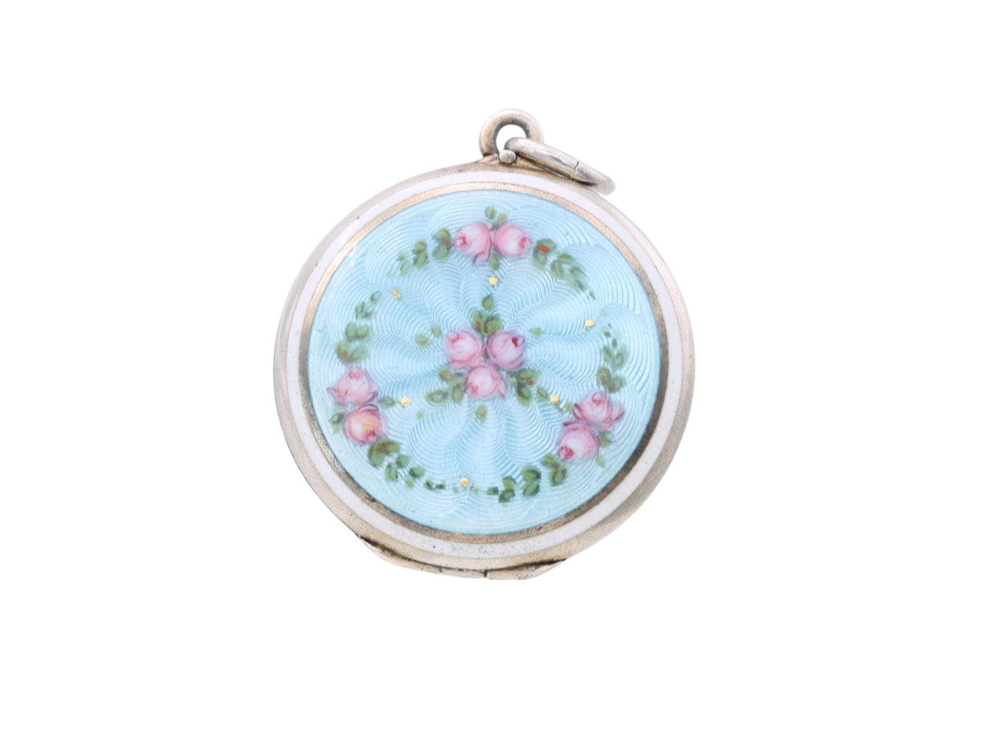 Antique 800 Silver Blue Guilloche Flower Rose Locket