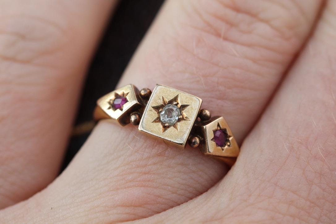 Antique 18ct Gold Diamond Ruby Gypsy Ring, 1891