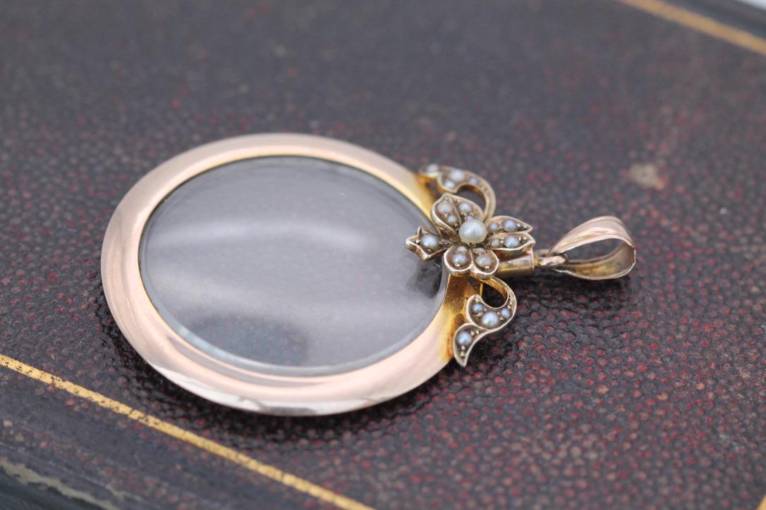 Antique 9ct Rose Gold Pearl Flower Open Glass Locket, Edwardian c.1901