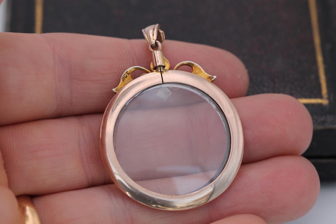 Antique 9ct Rose Gold Pearl Flower Open Glass Locket, Edwardian c.1901