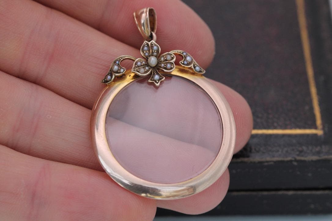 Antique 9ct Rose Gold Pearl Flower Open Glass Locket, Edwardian c.1901