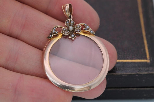 Antique 9ct Rose Gold Pearl Flower Open Glass Locket, Edwardian c.1901