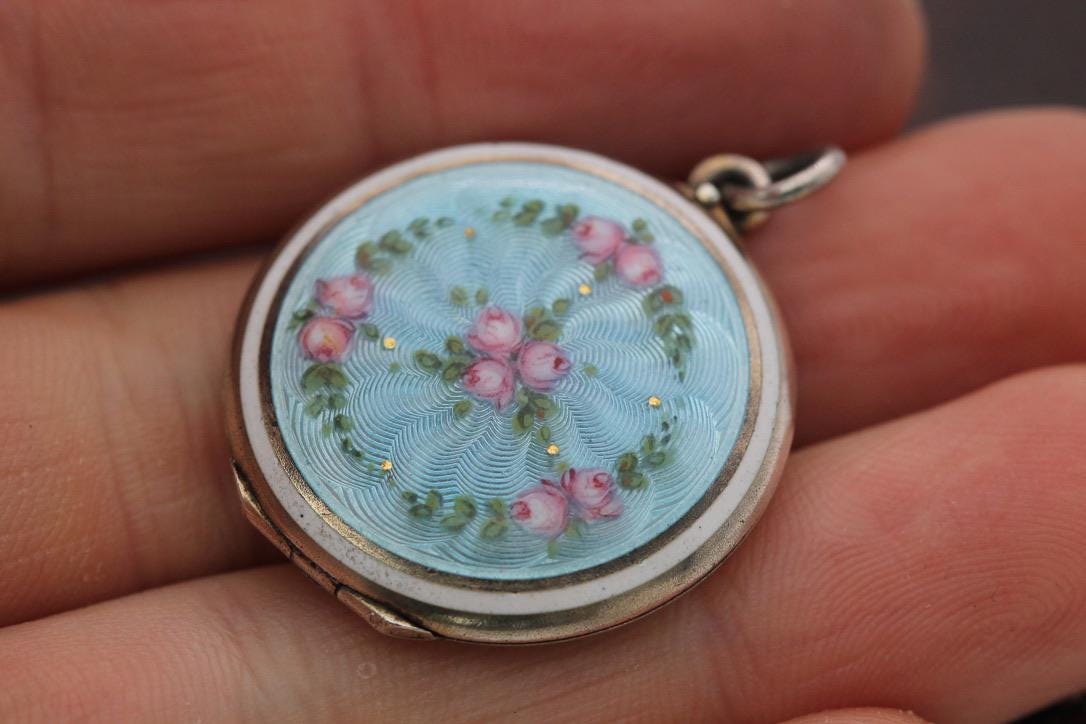 Antique 800 Silver Blue Guilloche Flower Rose Locket
