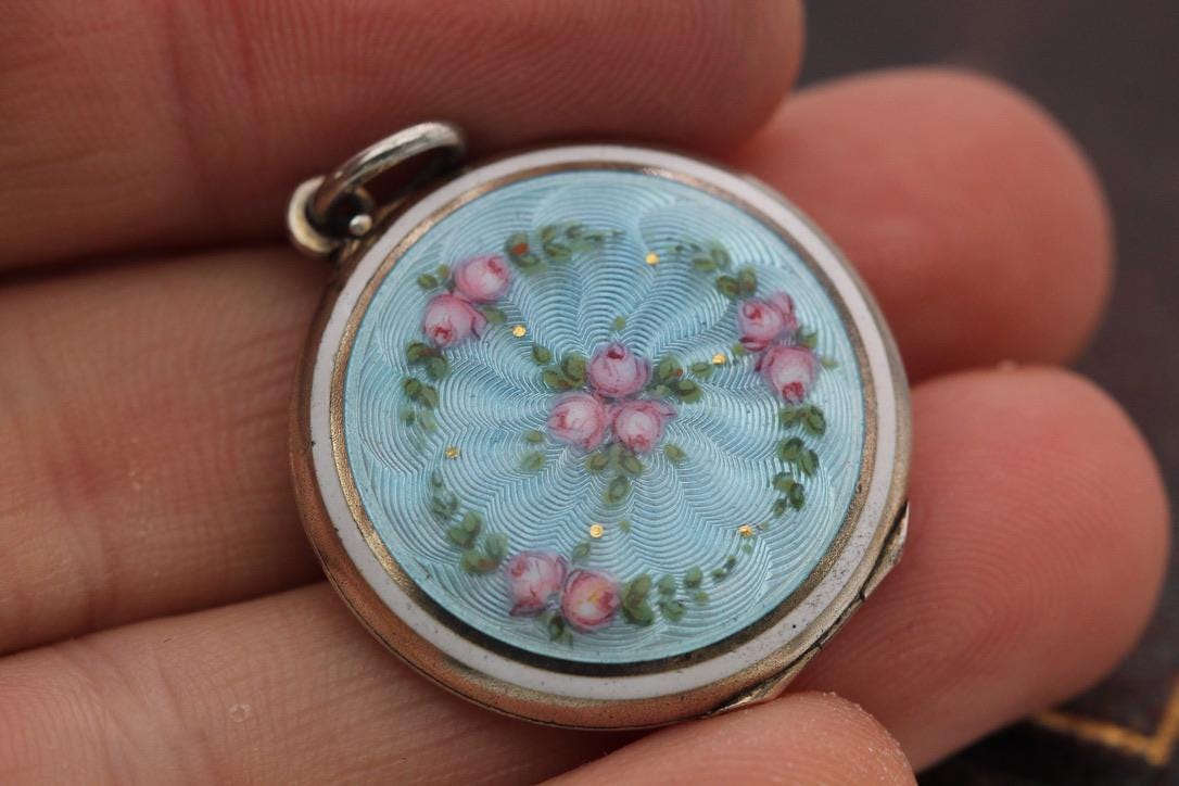 Antique 800 Silver Blue Guilloche Flower Rose Locket