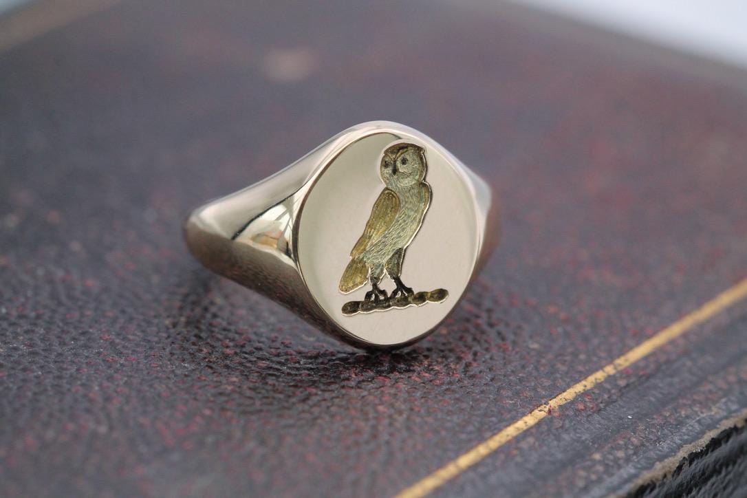 Vintage 18ct Gold Owl Intaglio Crest Signet Ring, 12.8g