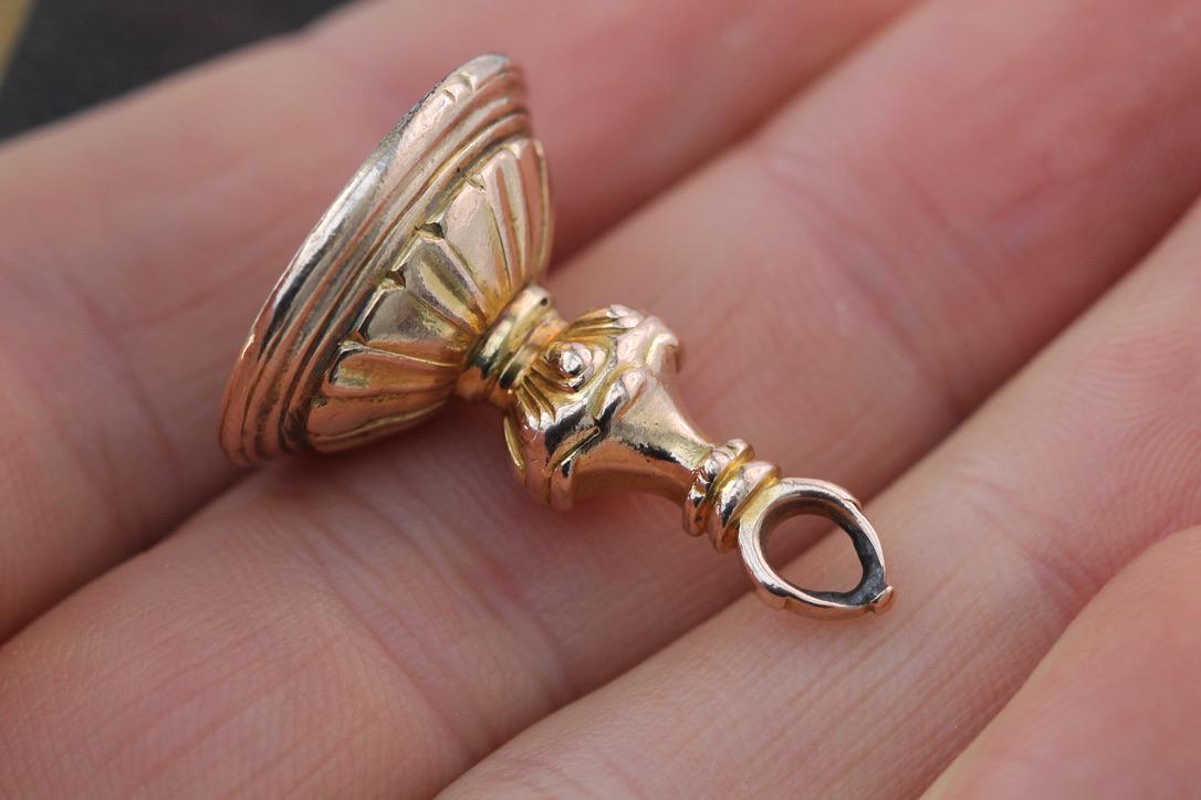 Antique 15ct Gold Citrine Intaglio Ship Crest "Learn to be patient" Seal Pendant