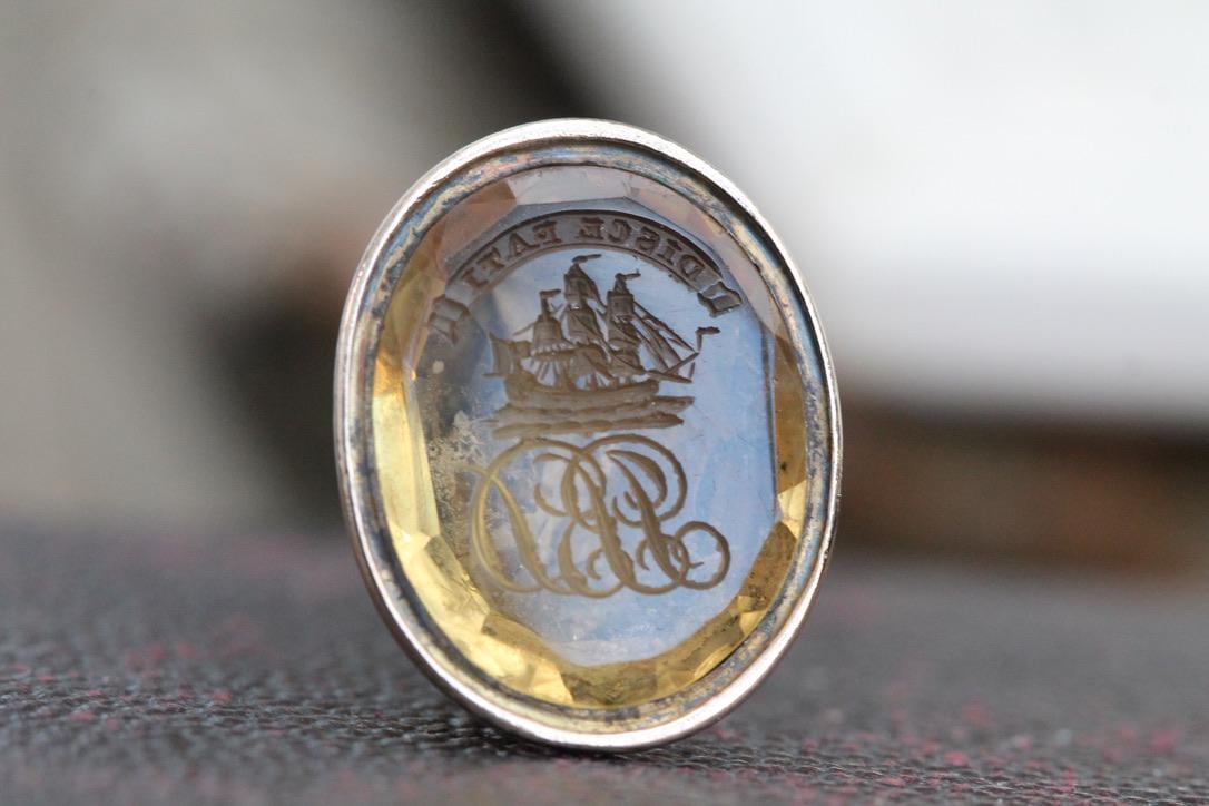 Antique 15ct Gold Citrine Intaglio Ship Crest "Learn to be patient" Seal Pendant