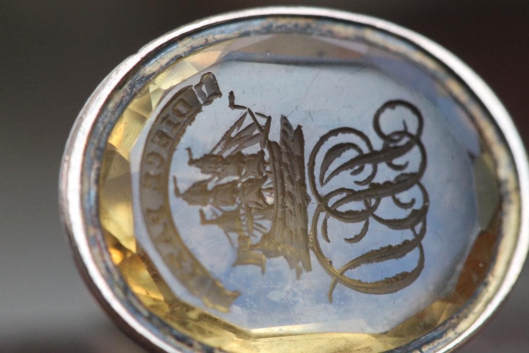 Antique 15ct Gold Citrine Intaglio Ship Crest "Learn to be patient" Seal Pendant