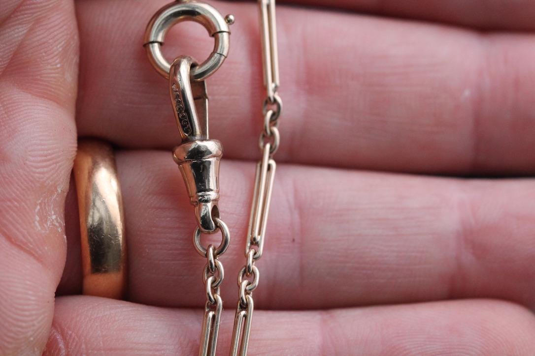 Antique 9ct Yellow Gold Trombone Fetter Link Necklace Chain, 13.25"