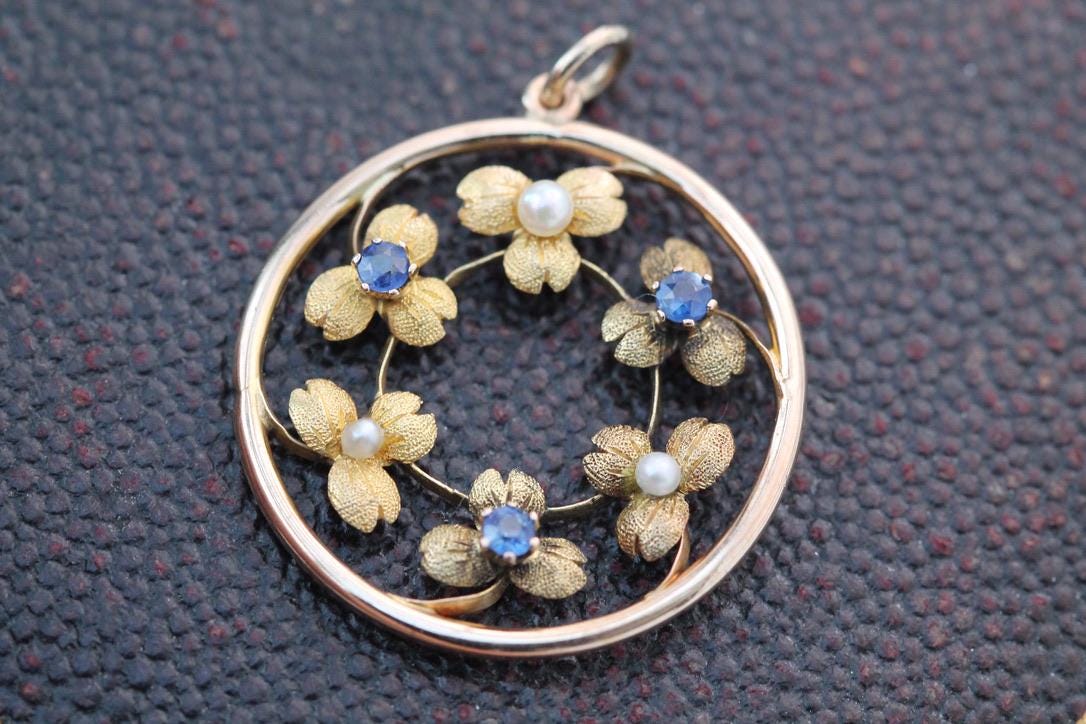 Antique 15ct Gold Pearl Sapphire Flower Pendant